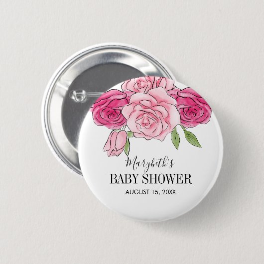 Pink Watercolor Rose Kinderdusche Button (Vorne & Hinten)