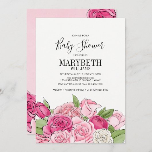 Pink Watercolor Rose Kinderdusche Einladung (Vorne/Hinten)