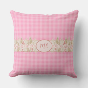 Pink Watercolor Rose Monogram Gingham Girly Karier Kissen