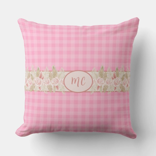 Pink Watercolor Rose Monogram Gingham Girly Karier Kissen (Vorderseite)