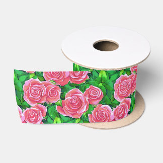 Pink Watercolor Rose Muster Satinband