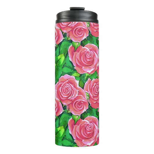 Pink Watercolor Rose Muster Thermosbecher (Vorderseite)