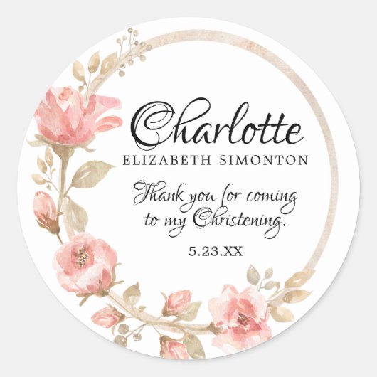 Pink Watercolor Rose Personalisiert Christening Runder Aufkleber (Vorderseite)