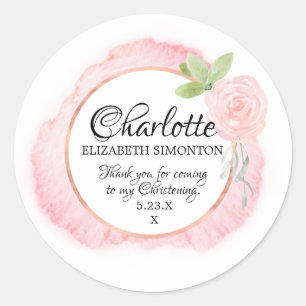 Pink Watercolor Rose Personalisiert Christening Runder Aufkleber