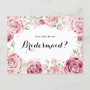 Pink Watercolor Rose werden Sie meine Bridesmaid I Einladungspostkarte