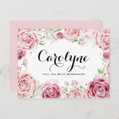 Pink Watercolor Rose werden Sie meine Bridesmaid s Einladungspostkarte (Vorne/Hinten)