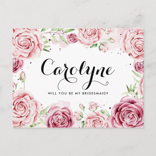 Pink Watercolor Rose werden Sie meine Bridesmaid s Einladungspostkarte (Vorderseite)