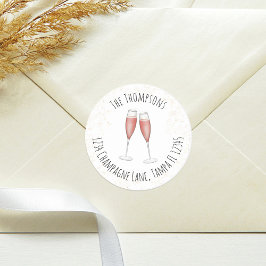 Pink Watercolor Rücksendeadresse Champagne Flute Runder Aufkleber