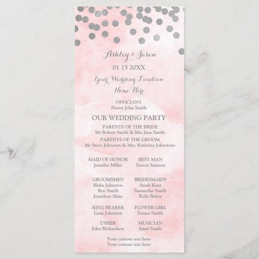Pink Watercolor Silver Confetti Wedding Program Programm (Rückseite)