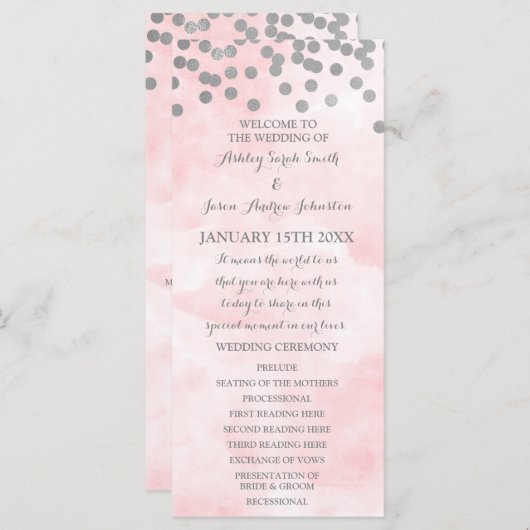 Pink Watercolor Silver Confetti Wedding Program Programm (Vorne/Hinten)