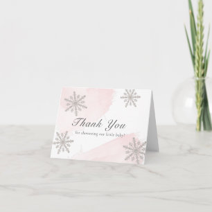 Pink Watercolor Silver Snowflakes Babydusche Dankeskarte