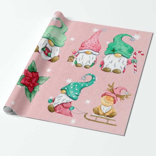 Pink Watercolor Snowy Winter Gnomes Geschenkpapier (Ungerollt)
