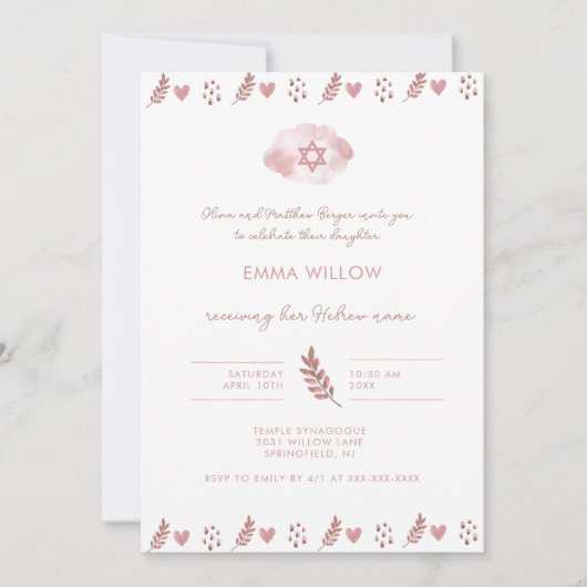 Pink Watercolor Star von David Baby Naming Einladung (Vorderseite)