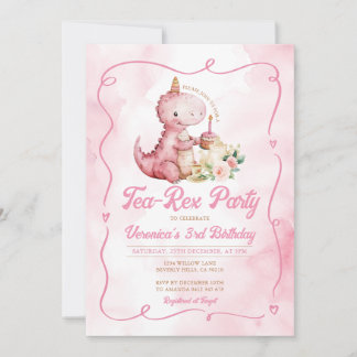 Pink Watercolor Tea-Rex Dinosaurier 1. Geburtstag Einladung