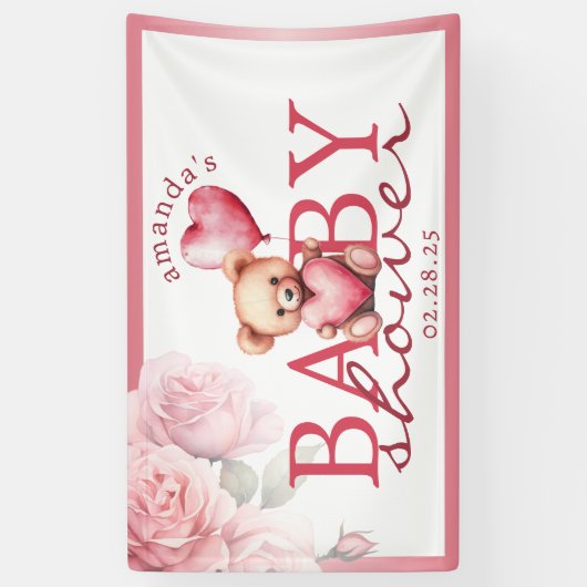 Pink Watercolor Teddy Bear Baby Shower Banner (Vertikal)