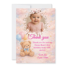 Pink Watercolor Teddy Bear Girl 1st Birthday Photo