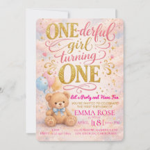 Pink Watercolor Teddy Bear Girl's 1st Birthday 