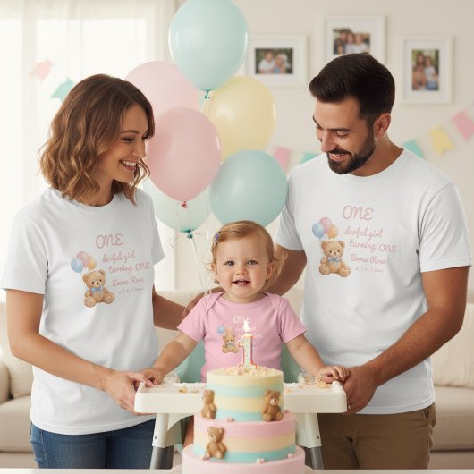 Pink Watercolor Teddy Bear Girl's 1st Birthday Tri-Blend Shirt