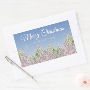 Pink Watercolor Tree Forest Artistic Christmas Rechteckiger Aufkleber