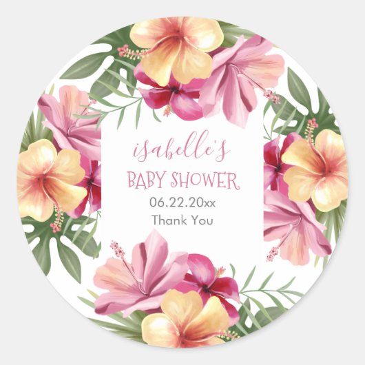Pink Watercolor Tropical Floral Baby Dusche Runder Aufkleber (Vorderseite)