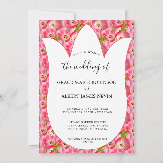 Pink Watercolor Tulips Hochzeit Einladung (Vorderseite)