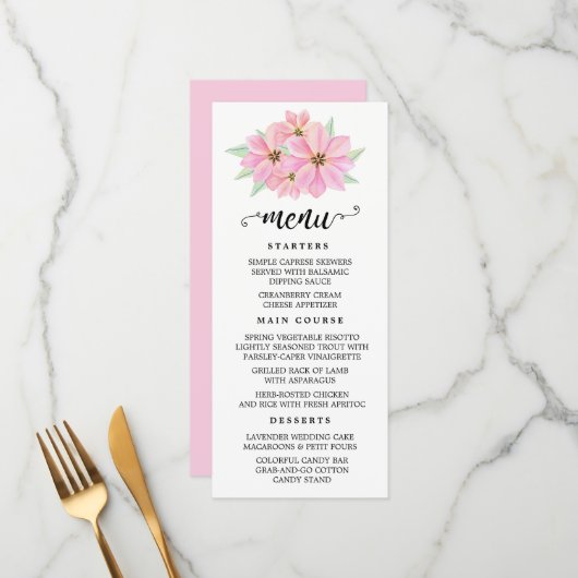 Pink Watercolor Tulips Hochzeit Menükarte (Vorderseite/Rückseite Beispiel)