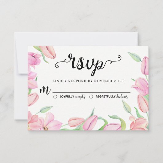 Pink Watercolor Tulips Hochzeit RSVP Karte (Vorderseite)
