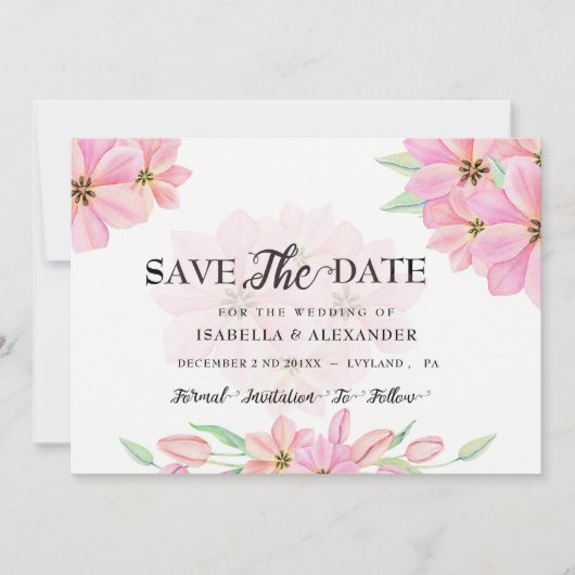 Pink Watercolor Tulips Save the Date Einladung (Vorderseite)