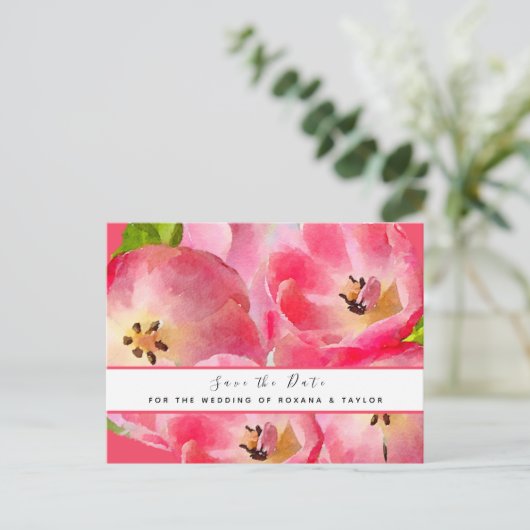 Pink Watercolor Tulips Save the Date Postkarte (Stehend Vorderseite)