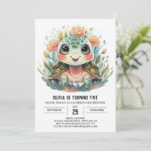 Pink Watercolor Turtle Girl Birthday Einladung (Stehend Vorderseite)