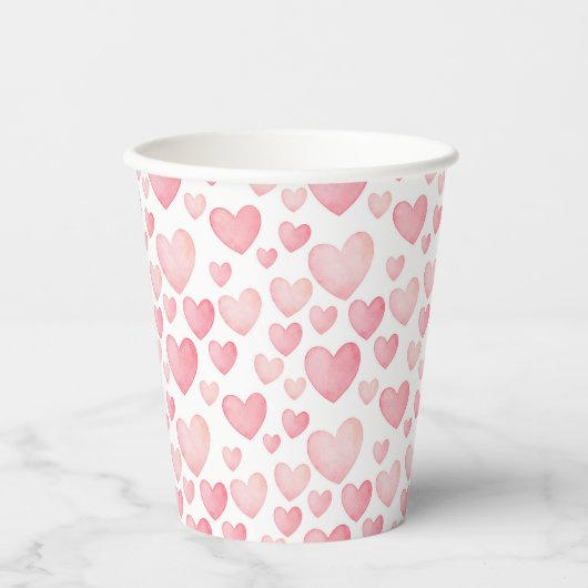 Pink Watercolor Valentine Hearts Pattern Pappbecher (Vorderseite)