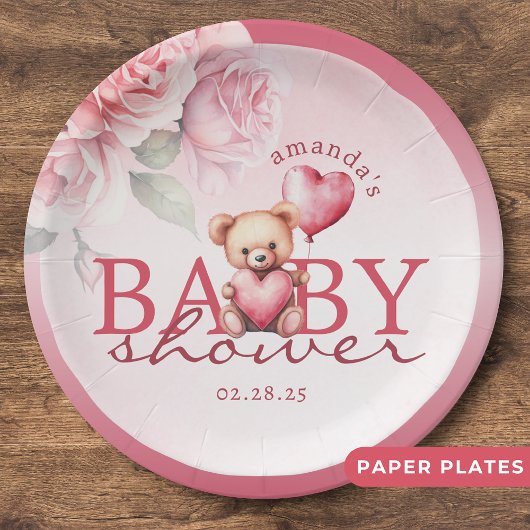 Pink Watercolor Valentine Teddy Bear Baby Shower Pappteller