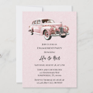 Pink Watercolor Vintage Car Engagement Party Einladung