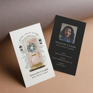 Pink Watercolor Vordertür Wreath Real Anwesen Visitenkarte