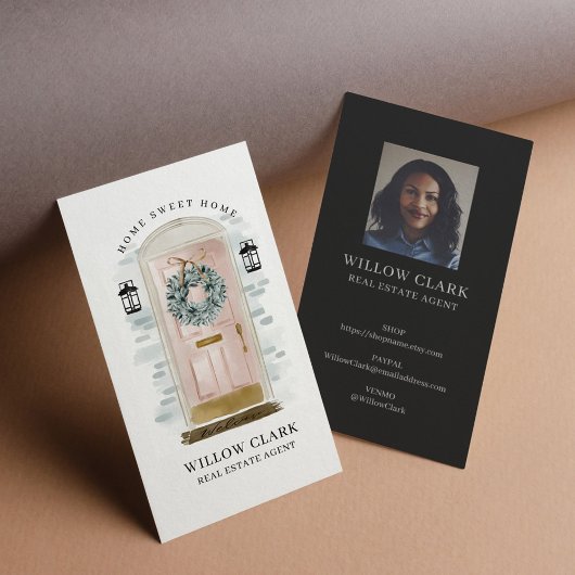 Pink Watercolor Vordertür Wreath Real Anwesen Visitenkarte