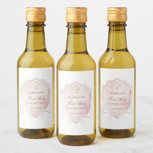 Pink Watercolor Wappen Erste Kommune Weinetikett (Flaschen)