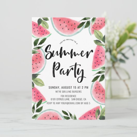 Pink Watercolor Watermelon Sommer-Party Einladung (Stehend Vorderseite)