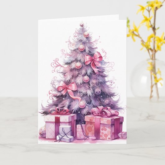 Pink Watercolor Weihnachtsbaum Karte (Gelbe Blume)
