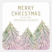 Pink Watercolor Weihnachtsbaum Künstlerisch Quadratischer Aufkleber (Vorderseite)