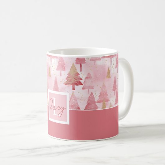 Pink Watercolor Weihnachtsbaummuster Kaffeetasse (VorderseiteRechts)