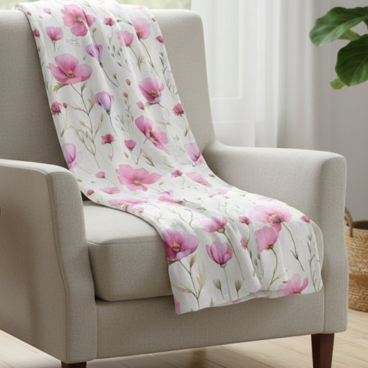 Pink Watercolor Wildflower  Fleecedecke