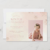 Pink Watercolor Winter Onederland Birthday Photo Einladung (Vorderseite)