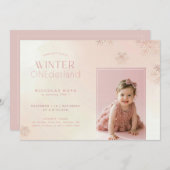 Pink Watercolor Winter Onederland Birthday Photo Einladung (Vorne/Hinten)