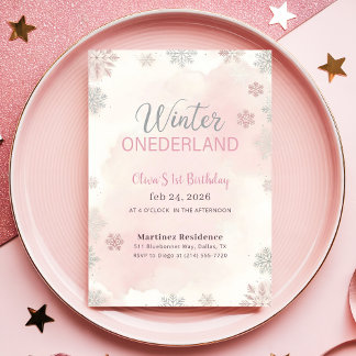 Pink Watercolor Winter Wonderland First Birthday Einladung