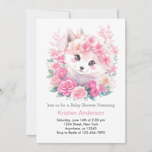 Pink Watercolor Wolf Magic Girl Babydusche Einladung (Vorderseite)