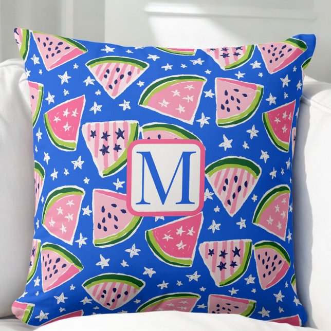Pink Watermelon Frucht Slice Stars Muster Monogram Kissen (Von Creator hochgeladen)