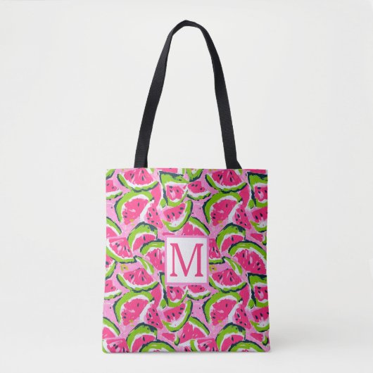 Pink Watermelon Fruit Slices Pattern Monogram Tasche (Vorderseite)