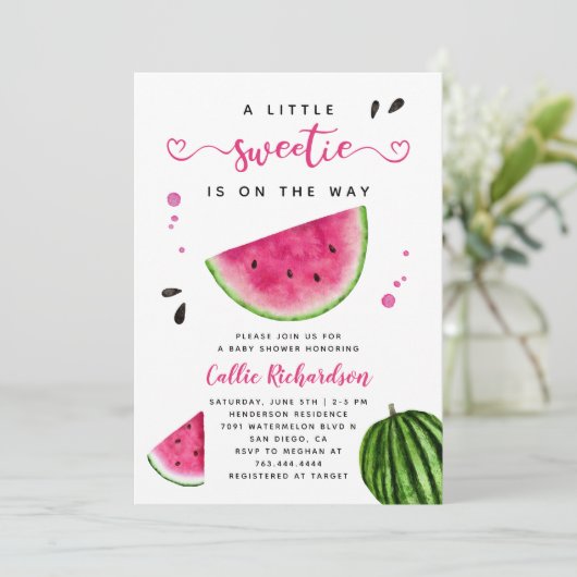 Pink Watermelon Little Sweetie Baby Dusche Invitat Einladung (Stehend Vorderseite)