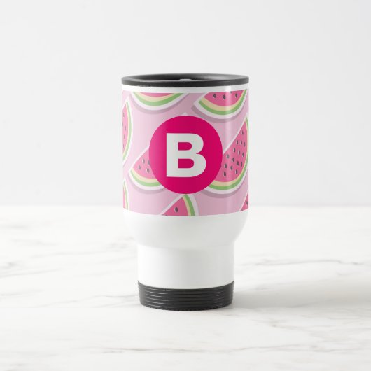 Pink Watermelon Muster Circle Monogram Reisebecher (Mittel)