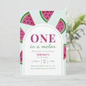 Pink Watermelon One In A Melon Photo Birthday Einladung (Stehend Vorderseite)